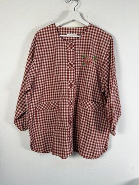 Triangle Cabin Women’s Red & White Gingham Embroidered Smock Tunic Top New OOAK